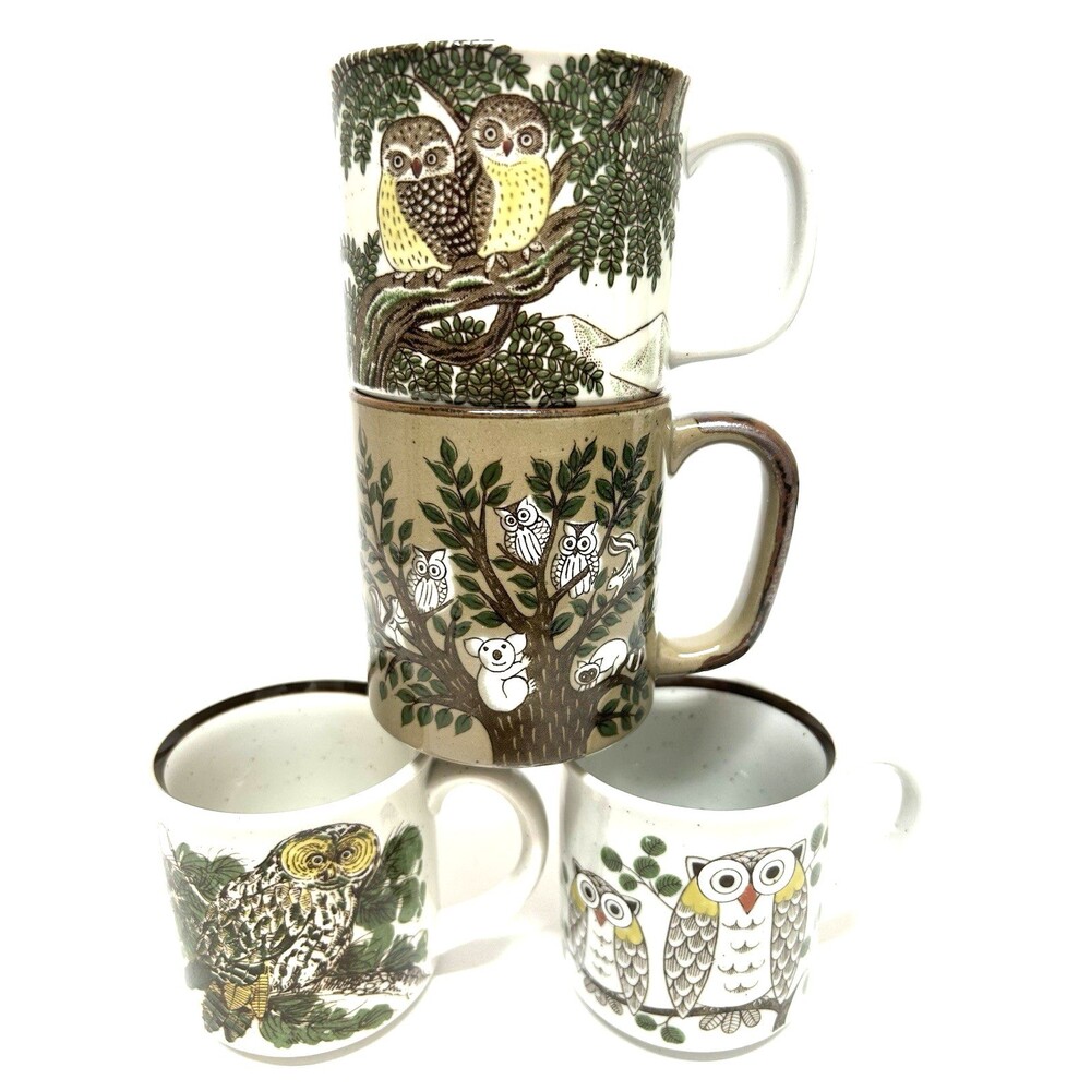Vtg Otagiri Set of 4 Animals In A Tree Coffee Mug Cup Owl Koala Bear Assorted Si